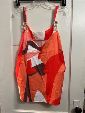 Abstract Coral & Red Buckle-Detail Tank Top